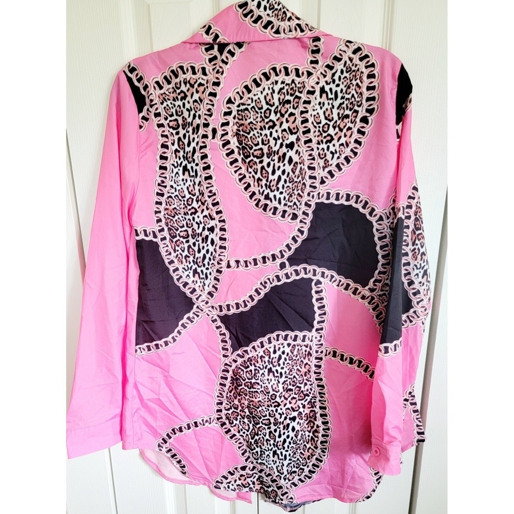 ChicMe L Pink Leopard Chain Print Long Sleeve Button Down Blouse Whimsical Cute - Picture 12 of 13